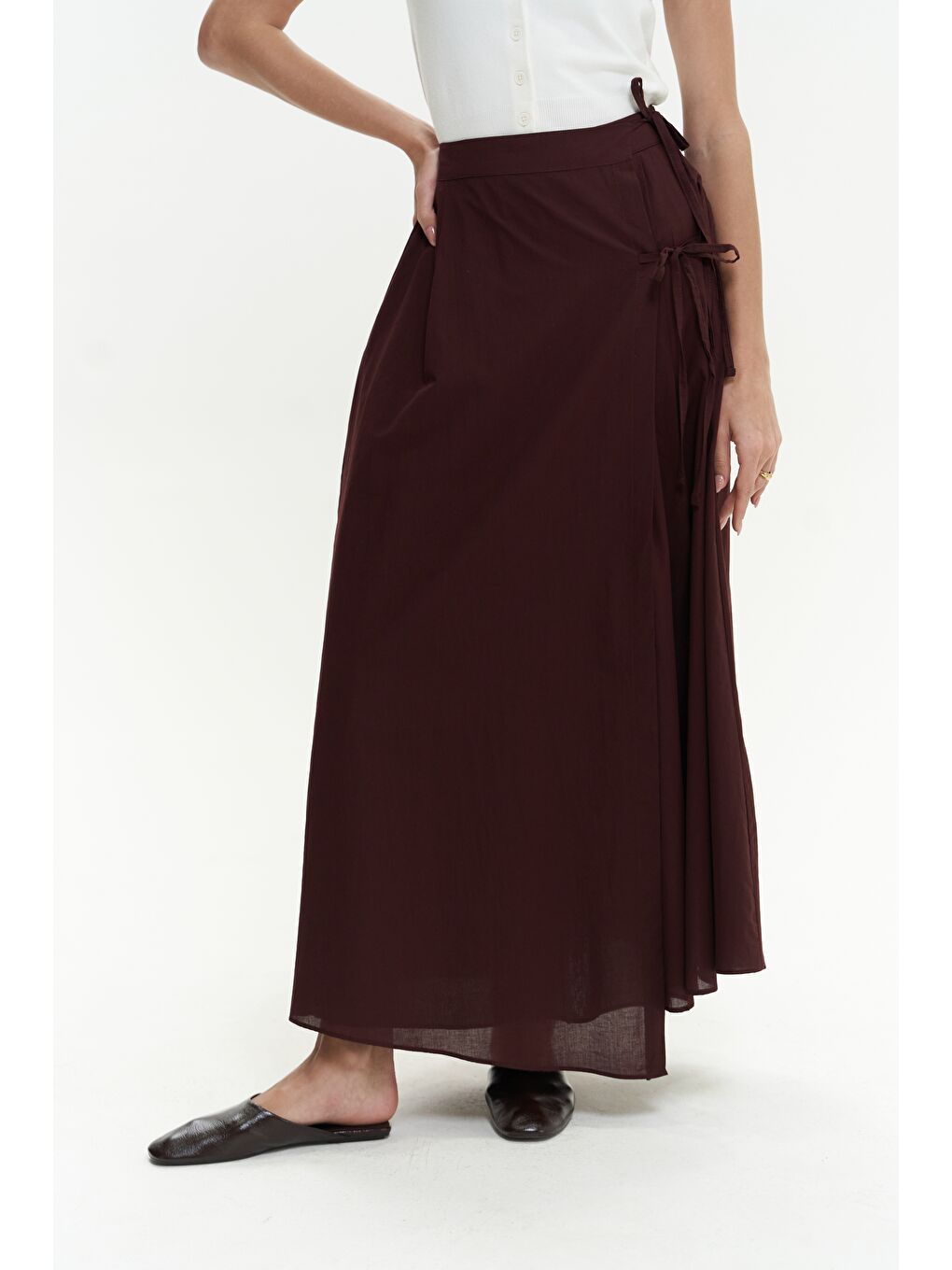 Aida İp Detay Pileli Bordo Etek-4