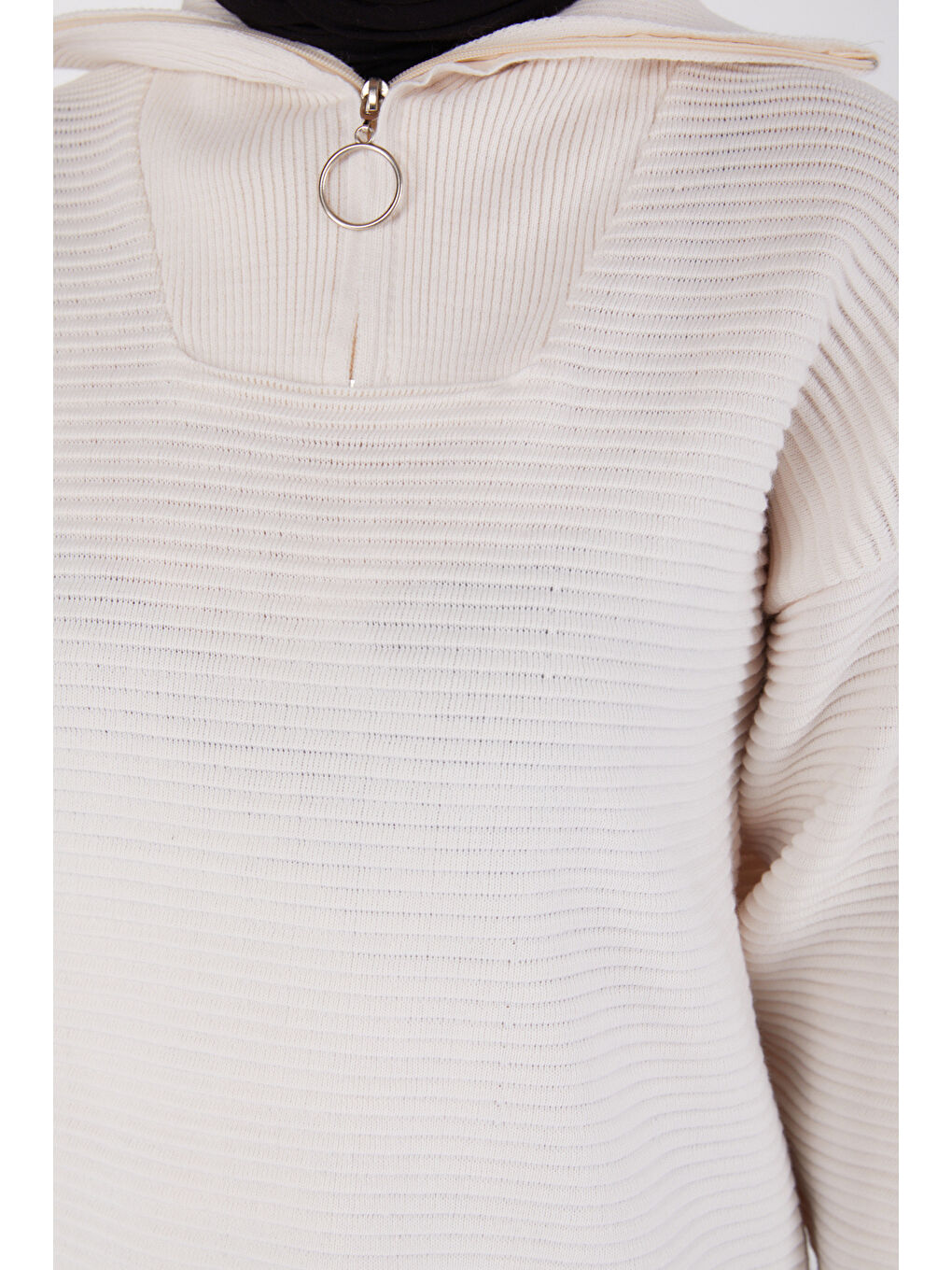 Fitili Fermuarlı Triko Kazak Bej - 27632-4