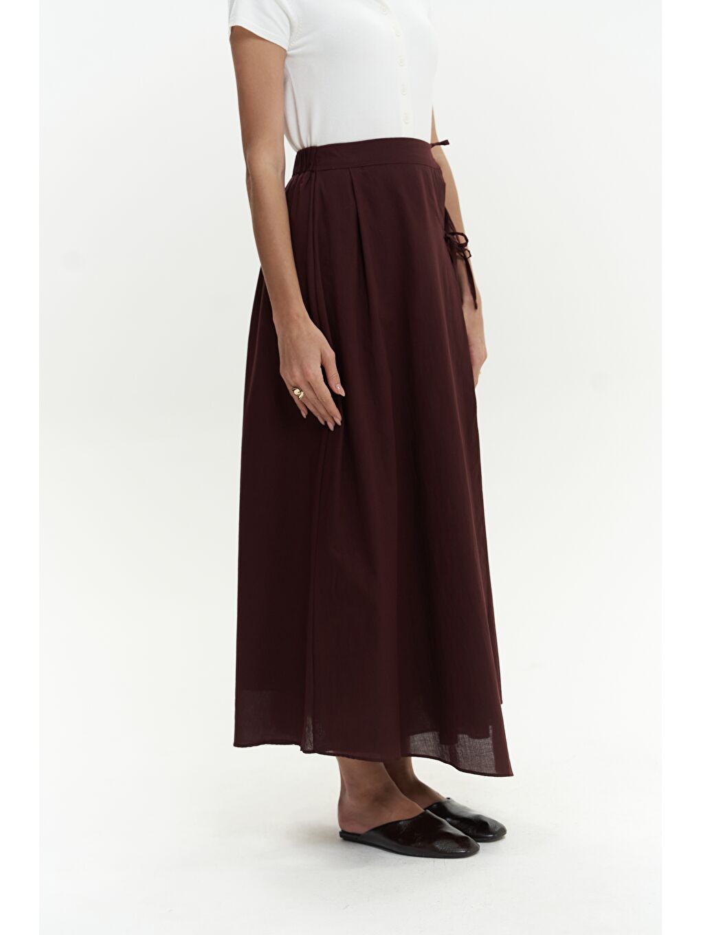 Aida İp Detay Pileli Bordo Etek-5