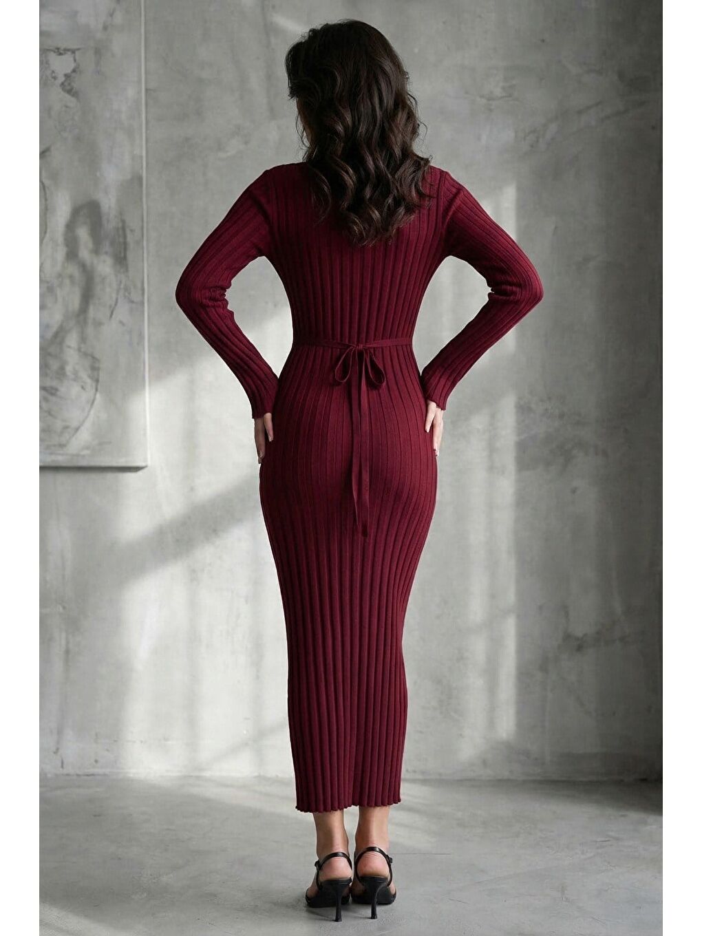Bordo Vücuda Oturan Fitilli Triko Midi Kadın Elbise Mg2691-1