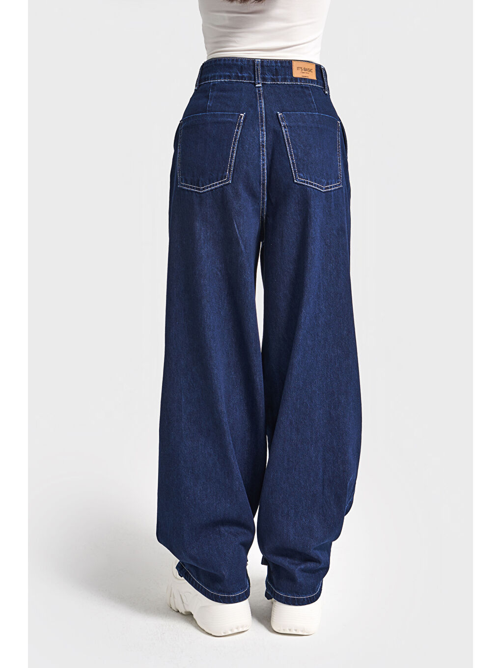 Kadın İndigo Renk 8w5-7 Yüksek Bel Wide Leg Bol Kesim Paça Detaylı Tasarım Denim Jean-2