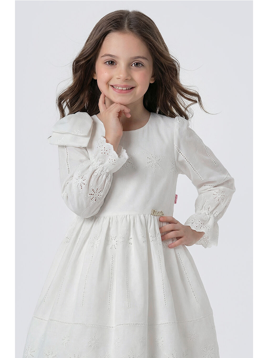 Beyaz Kız Çocuk Omzu Fiyonk Detaylı Uzun Kollu Fisto Elbise-5