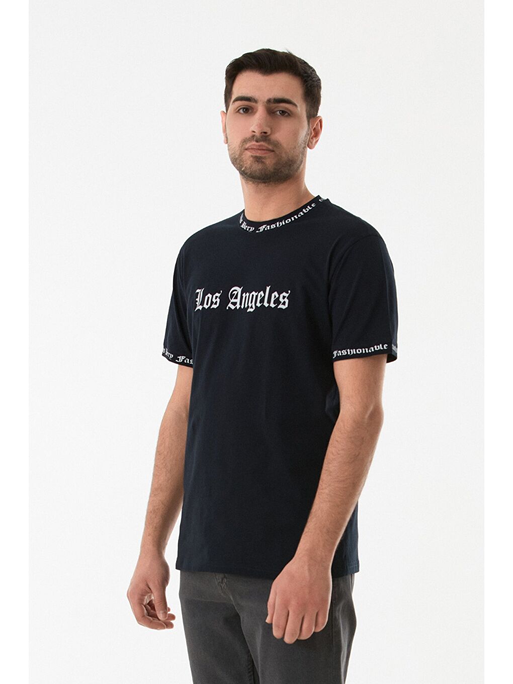 Lacivert Los Angeles Baskılı Bisiklet Yaka Tişört