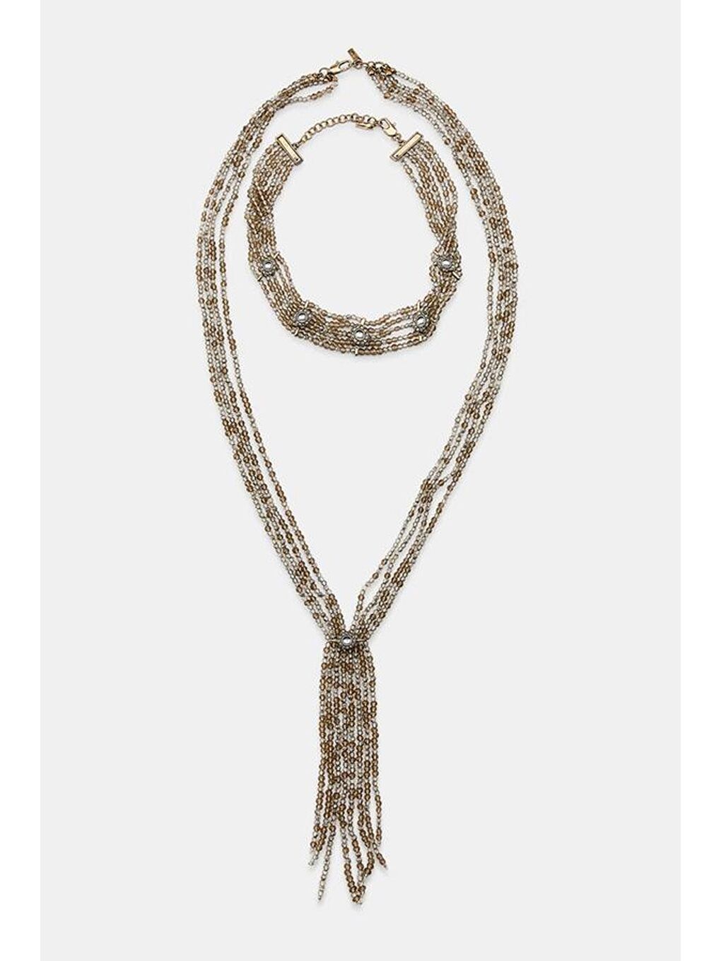 Sarı İkili Boncuklu Ve Taşlı Kolye Seti