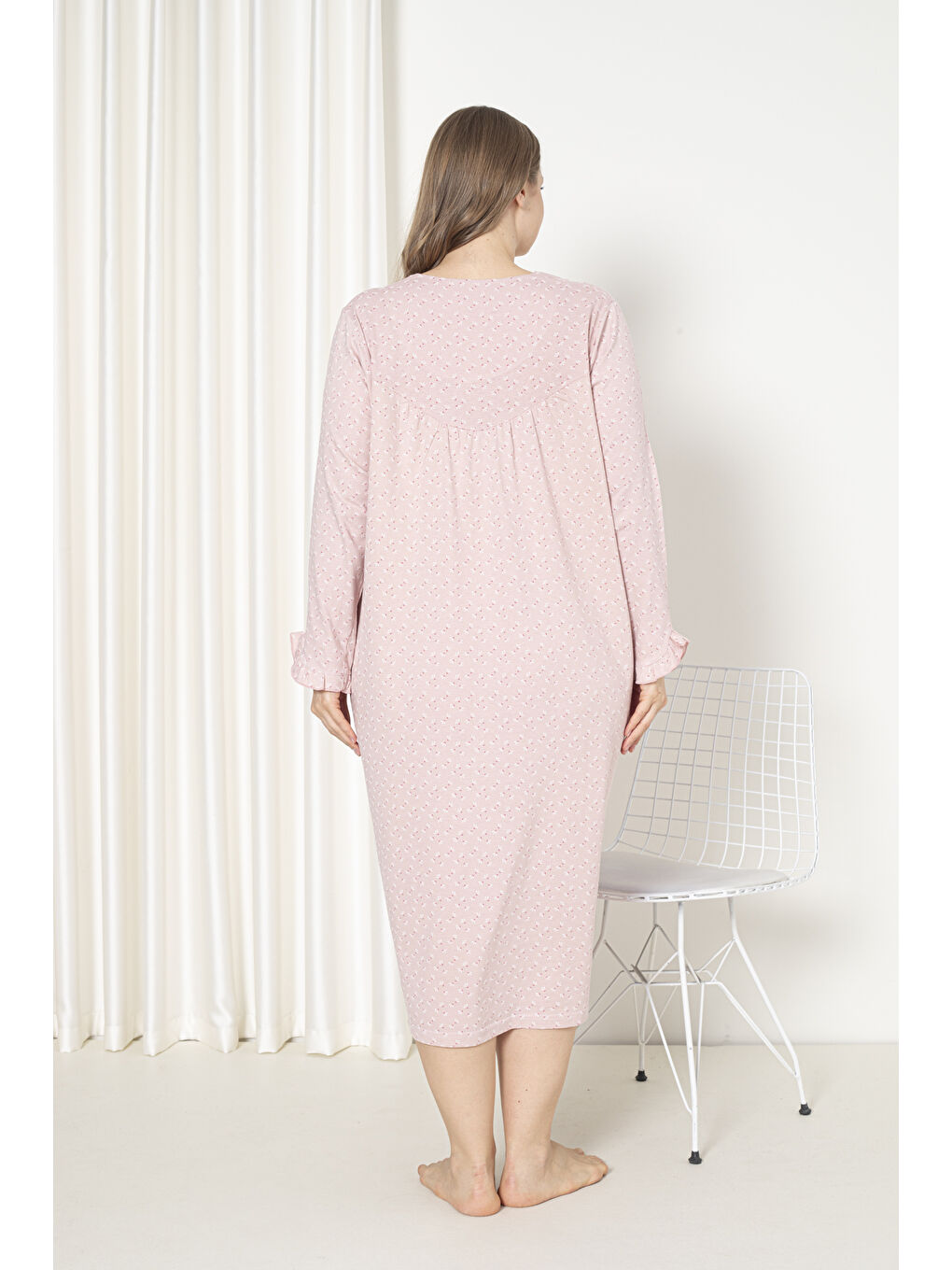 Pembe %100 Pamuklu Mevsimlik Uzun Kol Penye Büyük Beden Anne Gecelik 180-4