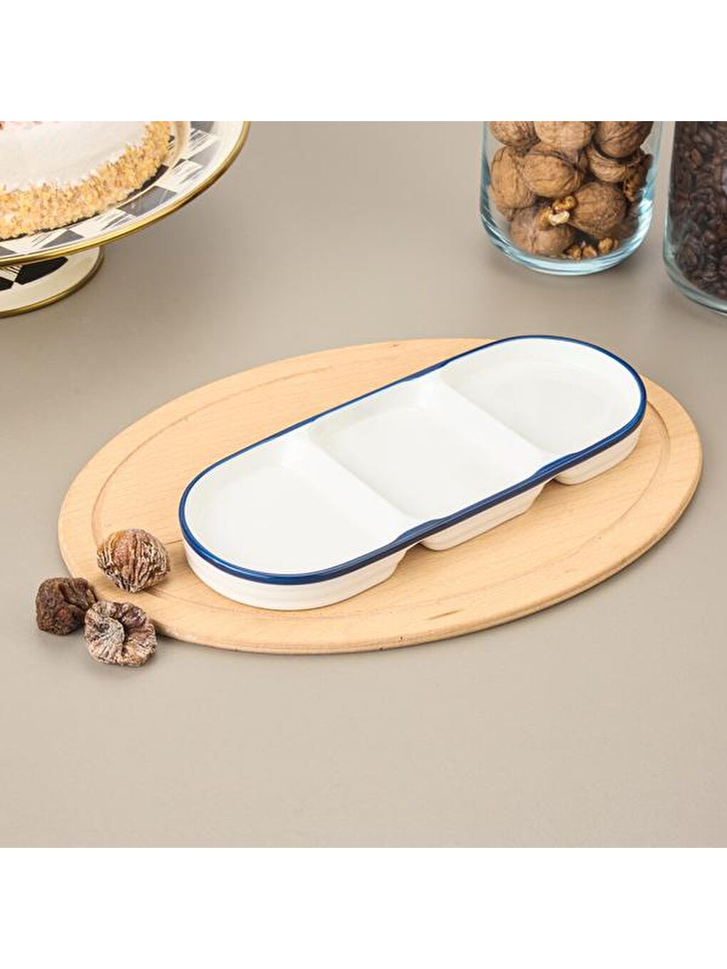 Pure Porselen 3 Bölmeli Sunum Tabağı - Beyaz / Mavi - 25 cm