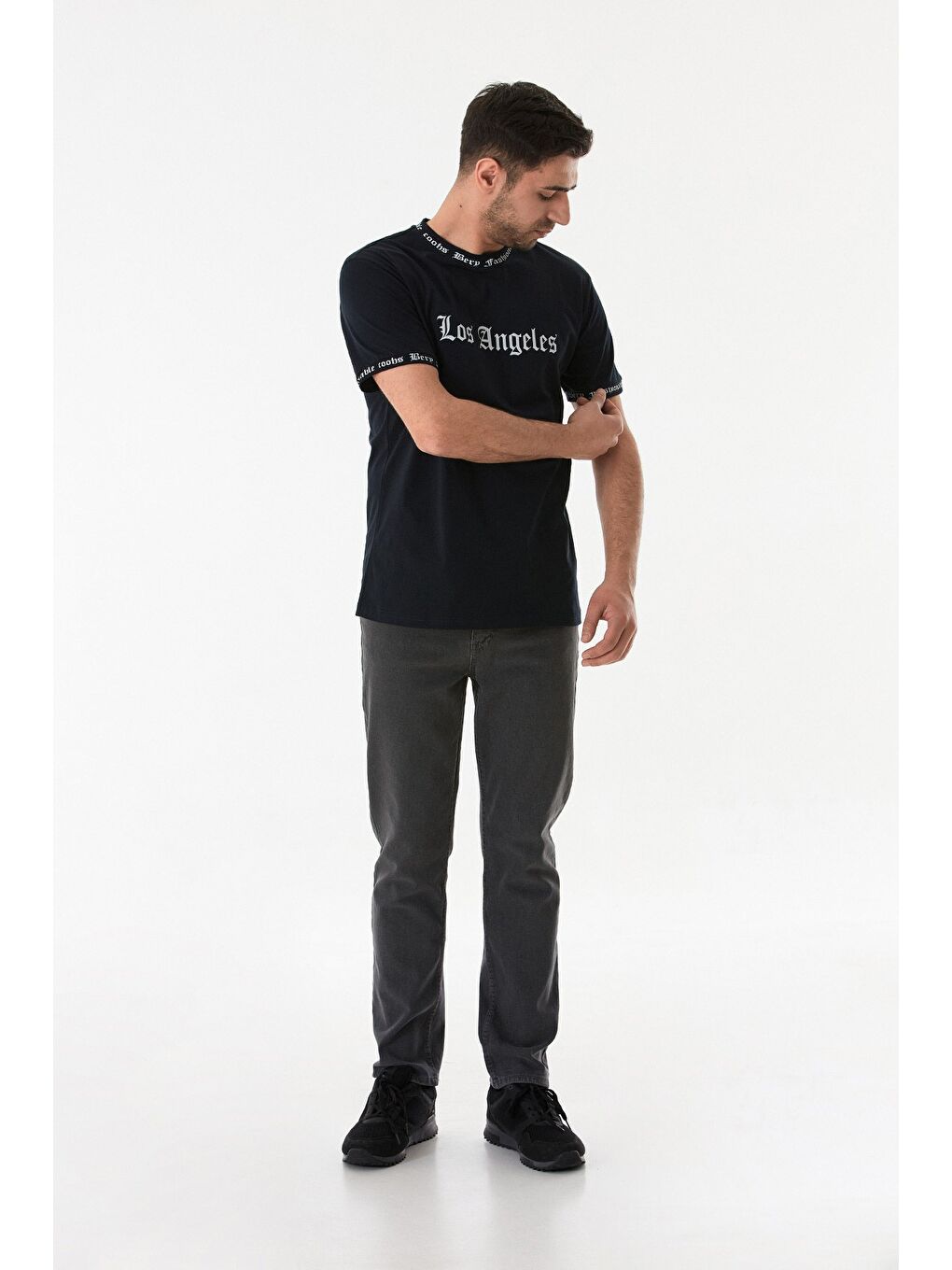 Lacivert Los Angeles Baskılı Bisiklet Yaka Tişört-3