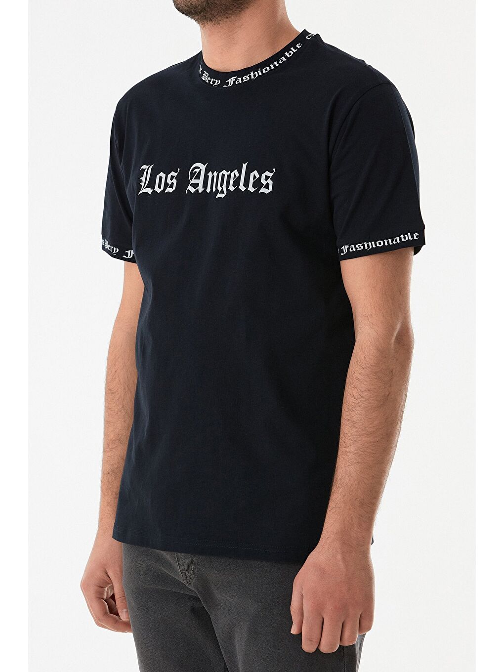 Lacivert Los Angeles Baskılı Bisiklet Yaka Tişört-4