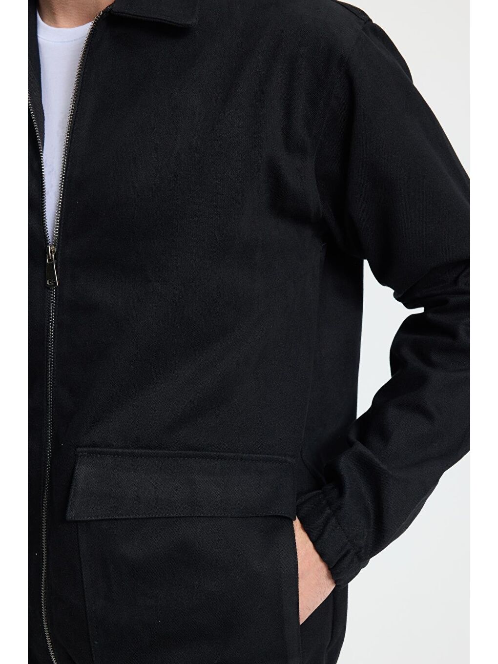 Erkek Relax Fit Rahat Kesim Çift Cep Kapaklı Fermuarlı Beli Lastikli Düz Siyah Ceket-2