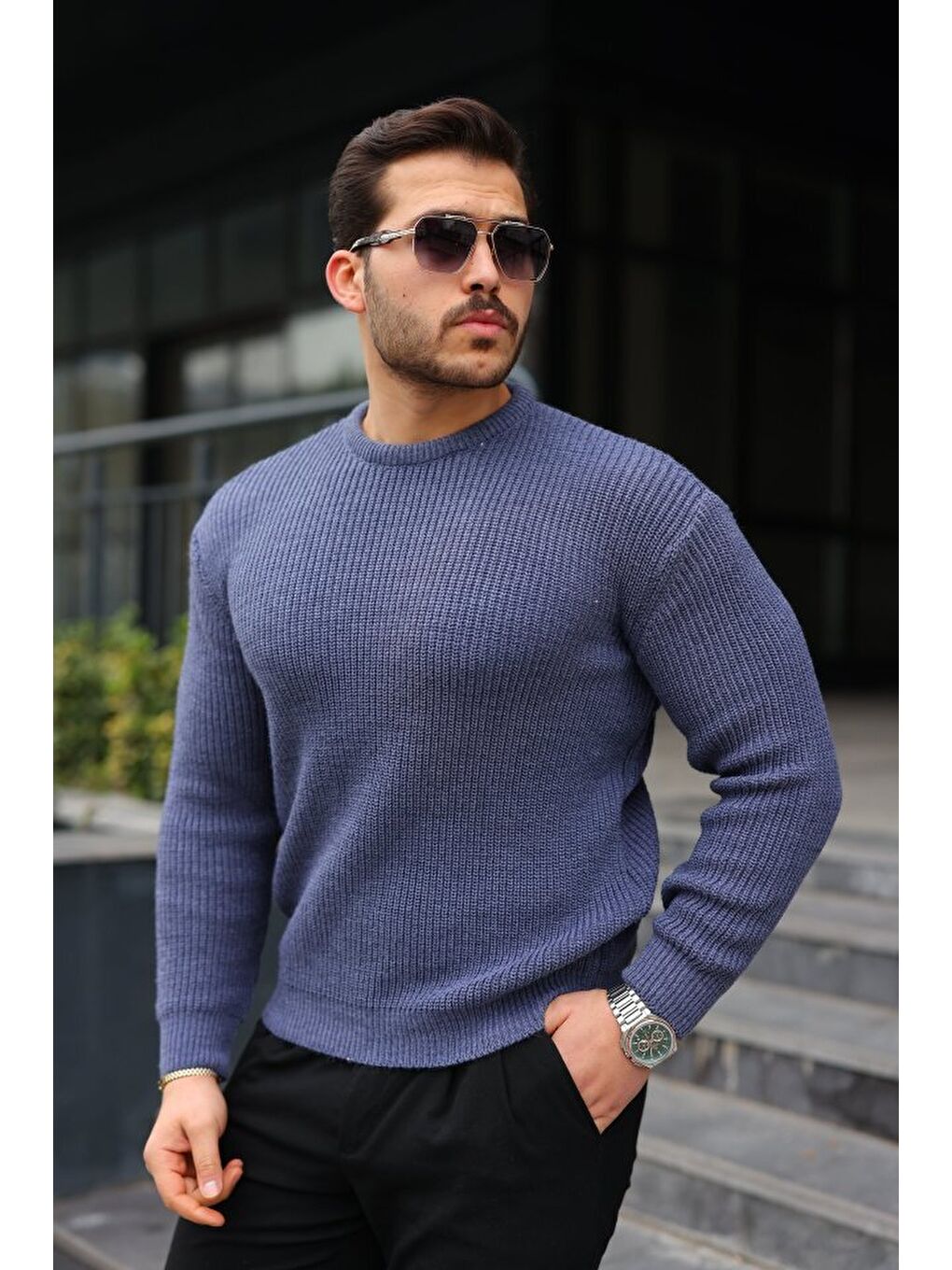 Antrasit Erkek Bisiklet Yaka Örme Kazak-4