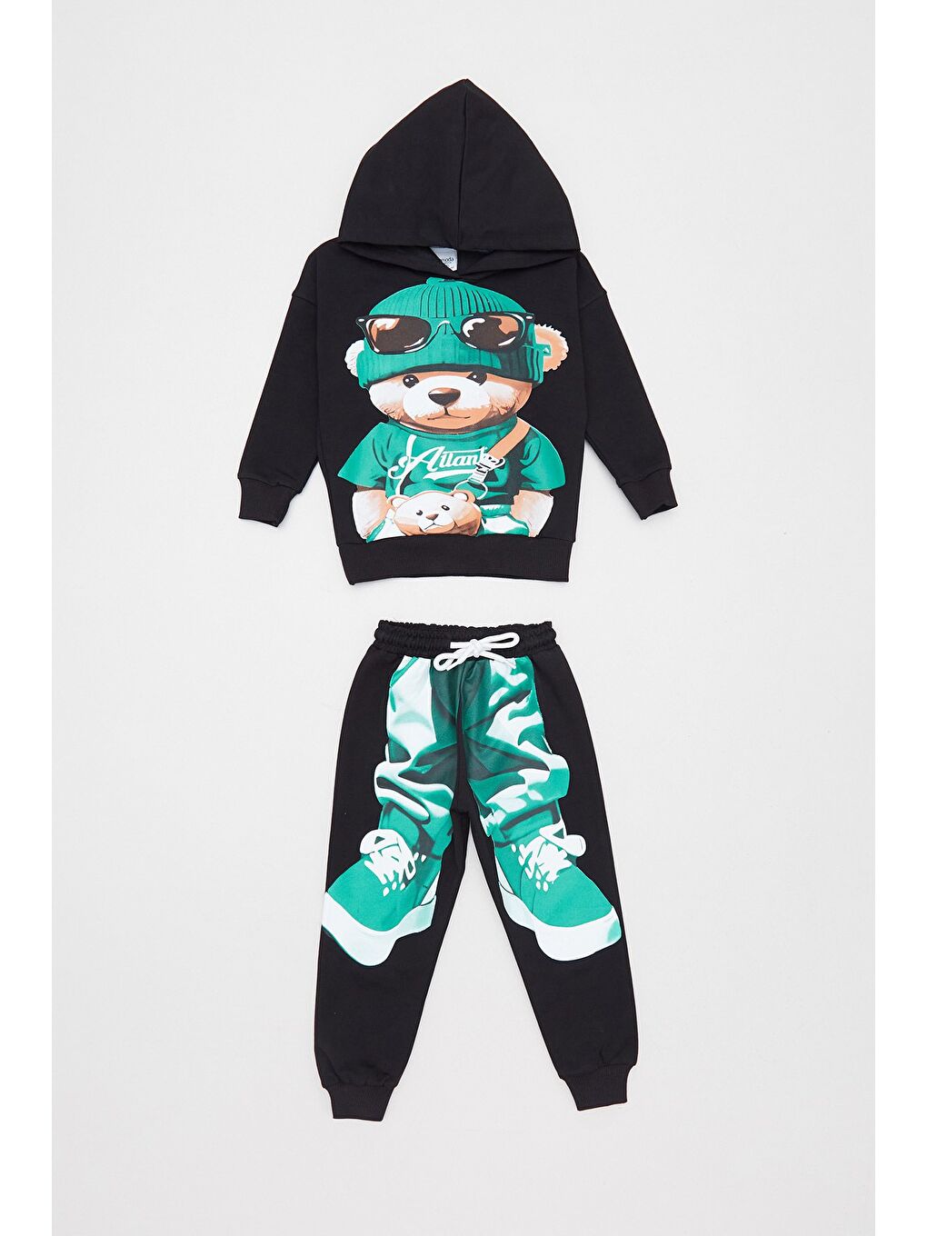 Yeşil Ayıcık Baskılı Kapüşonlu Jogger Erkek Çocuk Takım