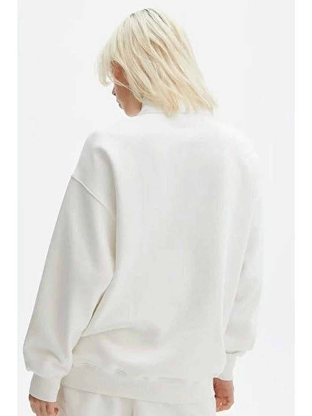 Unisex Uzun Kol Yarım Farmuarlı Yakalı Basic Sweatshirt - Beyaz-1