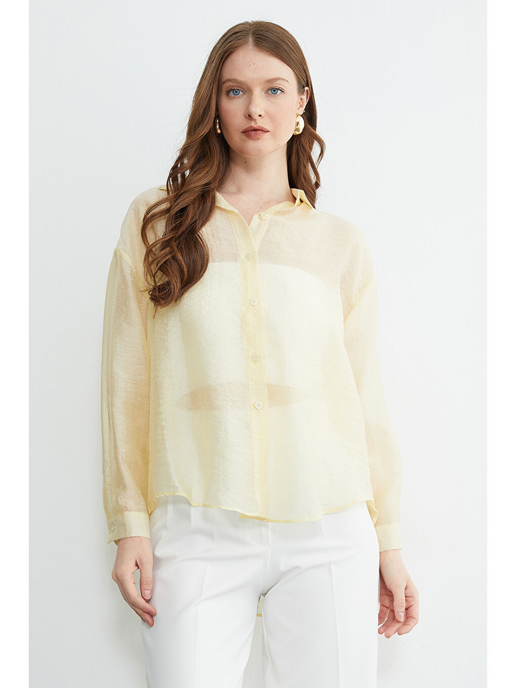 Sarı Jakarlı Düğmeli Transparan Gömlek-1