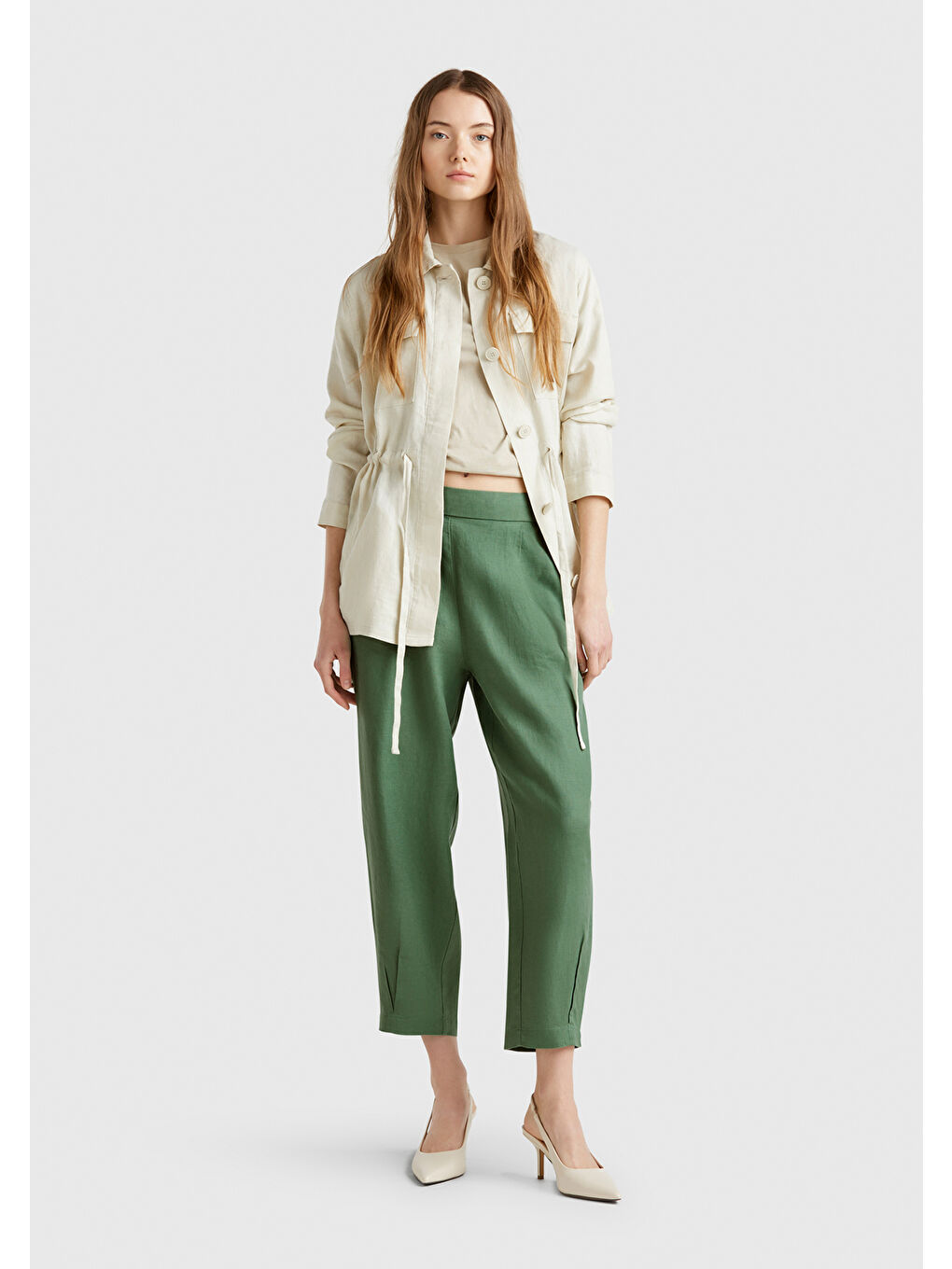 Kadın Açık Yeşil %100 Keten Arka Beli Lastikli Paçası Dar Relax Fit Pantolon-4