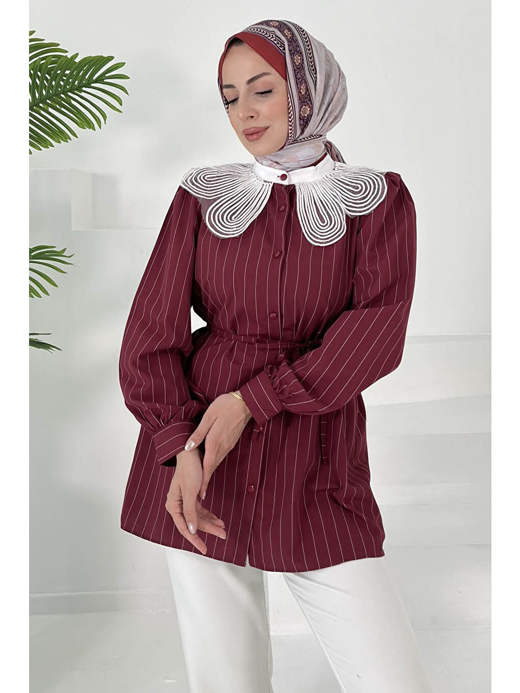 Çizgili Tunik Bordo - 27000-1