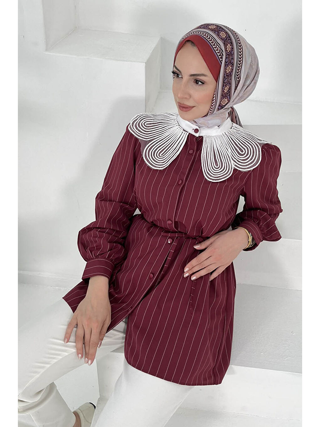 Çizgili Tunik Bordo - 27000-2