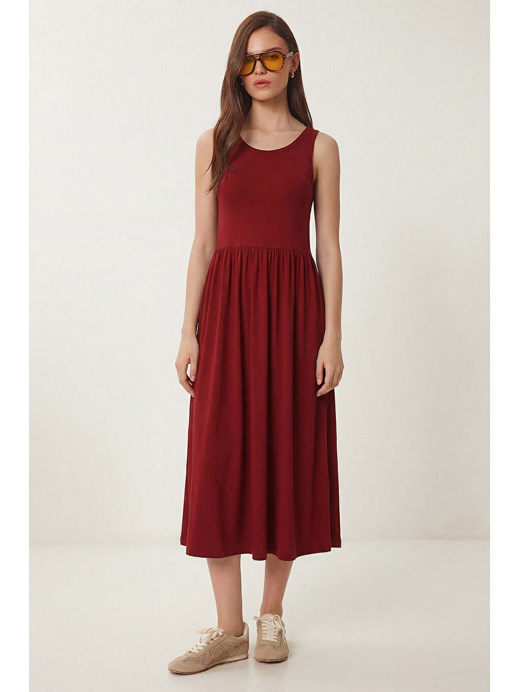 Bordo Halter Yaka Basic Yazlık Örme Elbise BORDO LCR0053