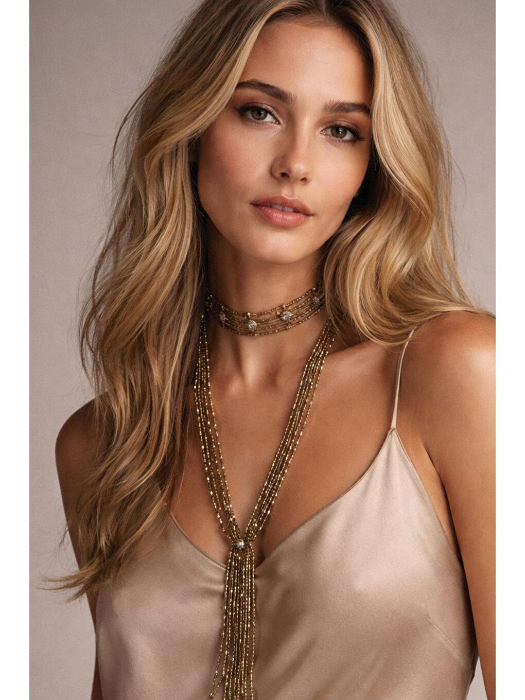 Sarı İkili Boncuklu Ve Taşlı Kolye Seti-2