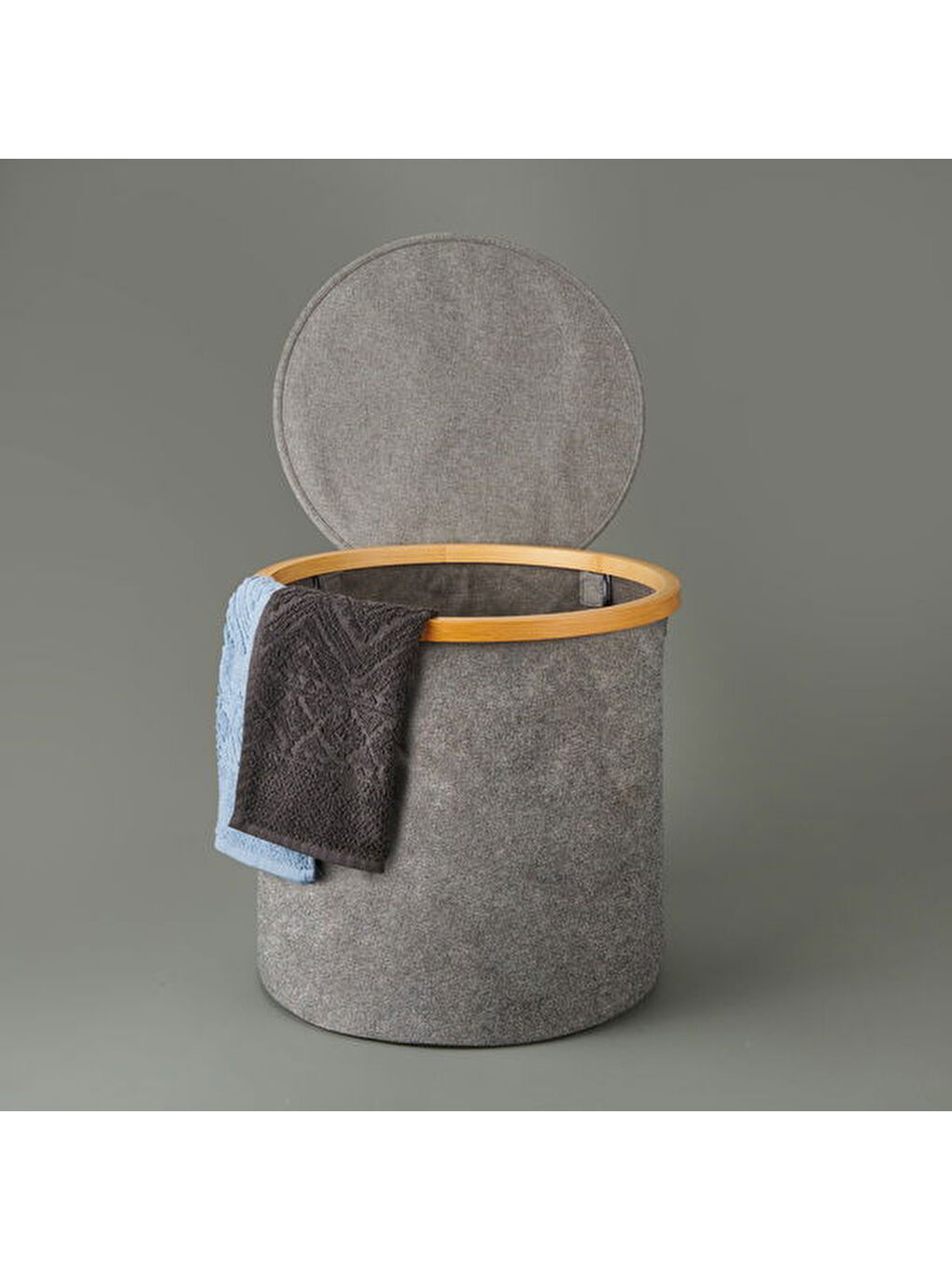 Kapaklı Katlanabilir Yuvarlak Çamaşır Sepeti - Gri - 50 lt