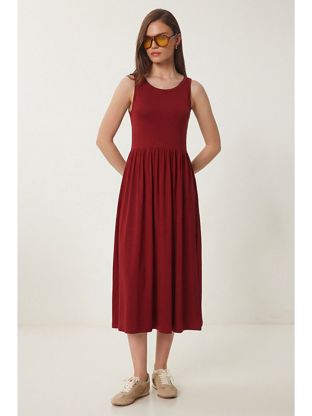 Bordo Halter Yaka Basic Yazlık Örme Elbise BORDO LCR0053-1