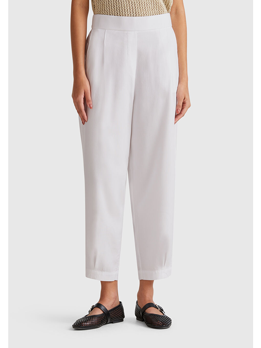 Kadın Beyaz %100 Liyosel Beli Lastikli Balon Fit Pantolon