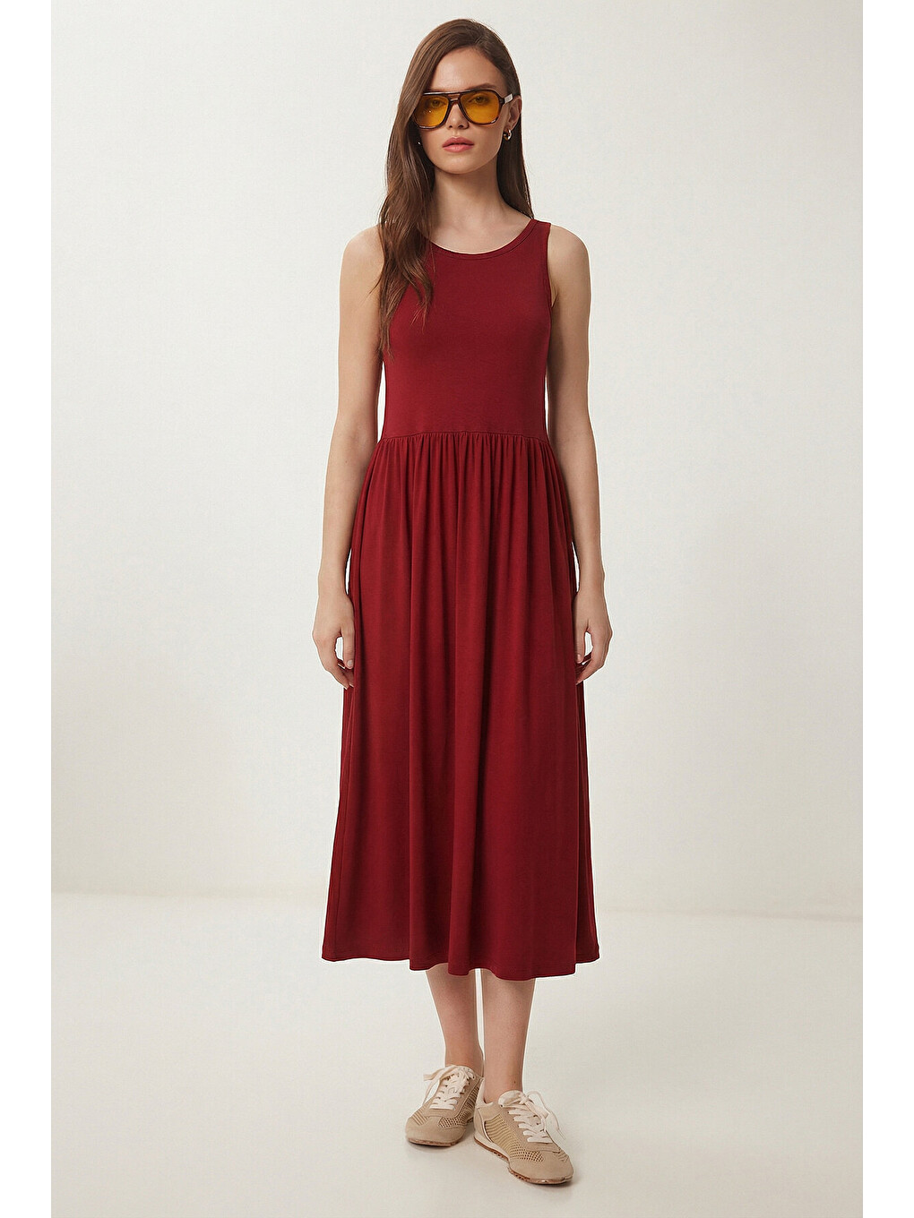 Bordo Halter Yaka Basic Yazlık Örme Elbise BORDO LCR0053-2