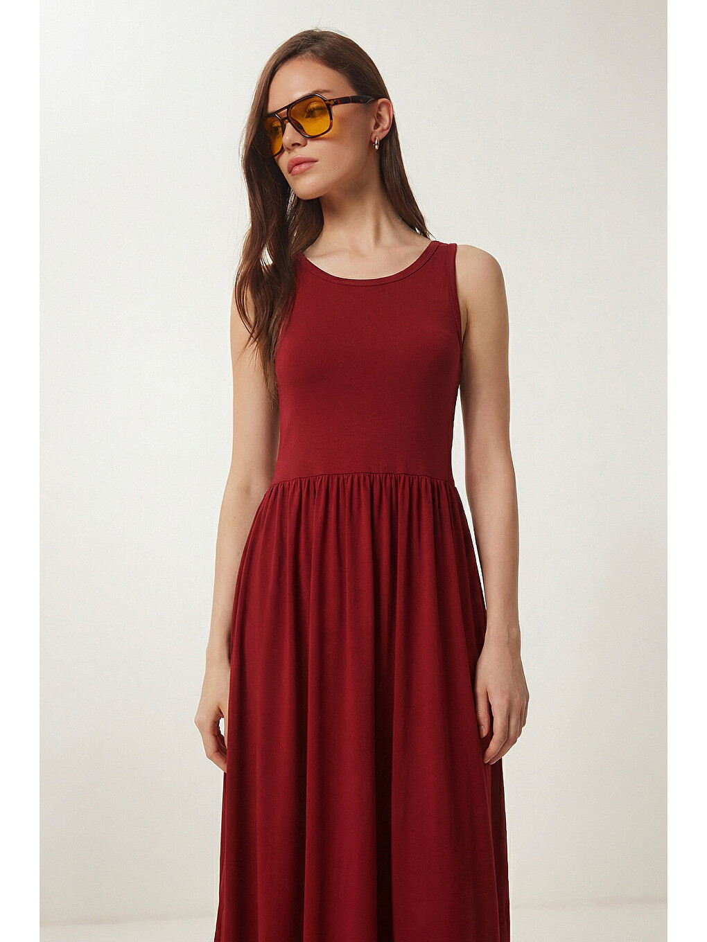 Bordo Halter Yaka Basic Yazlık Örme Elbise BORDO LCR0053-3