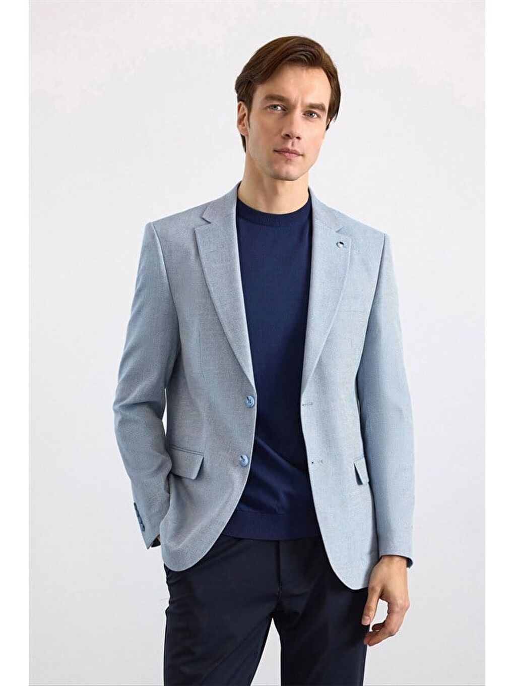 Saks Mavi Slim Mono Yaka Torba Cep 6 Drop Klasik Ceket