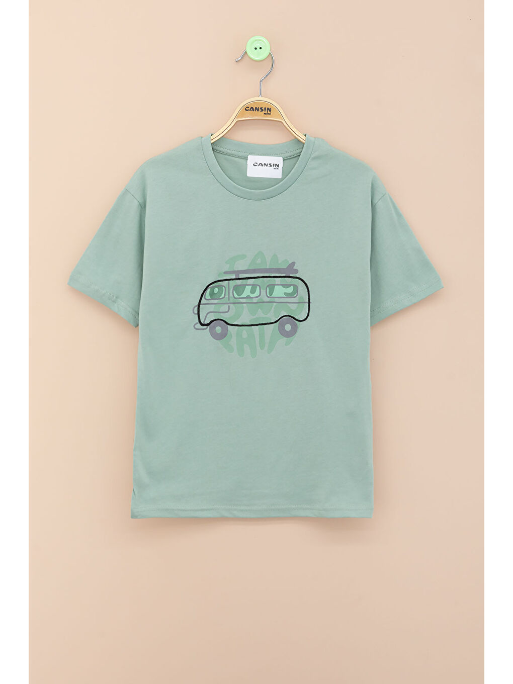 Yeşil Araba Baskılı Bisiklet Yaka Erkek Çocuk Kısa Kol Tişört 20925