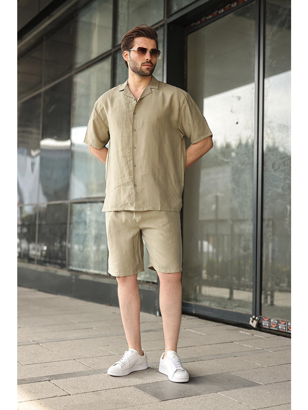 Mint Yeşili Kumaş Erkek Şort Gömlek Takım E7352-1