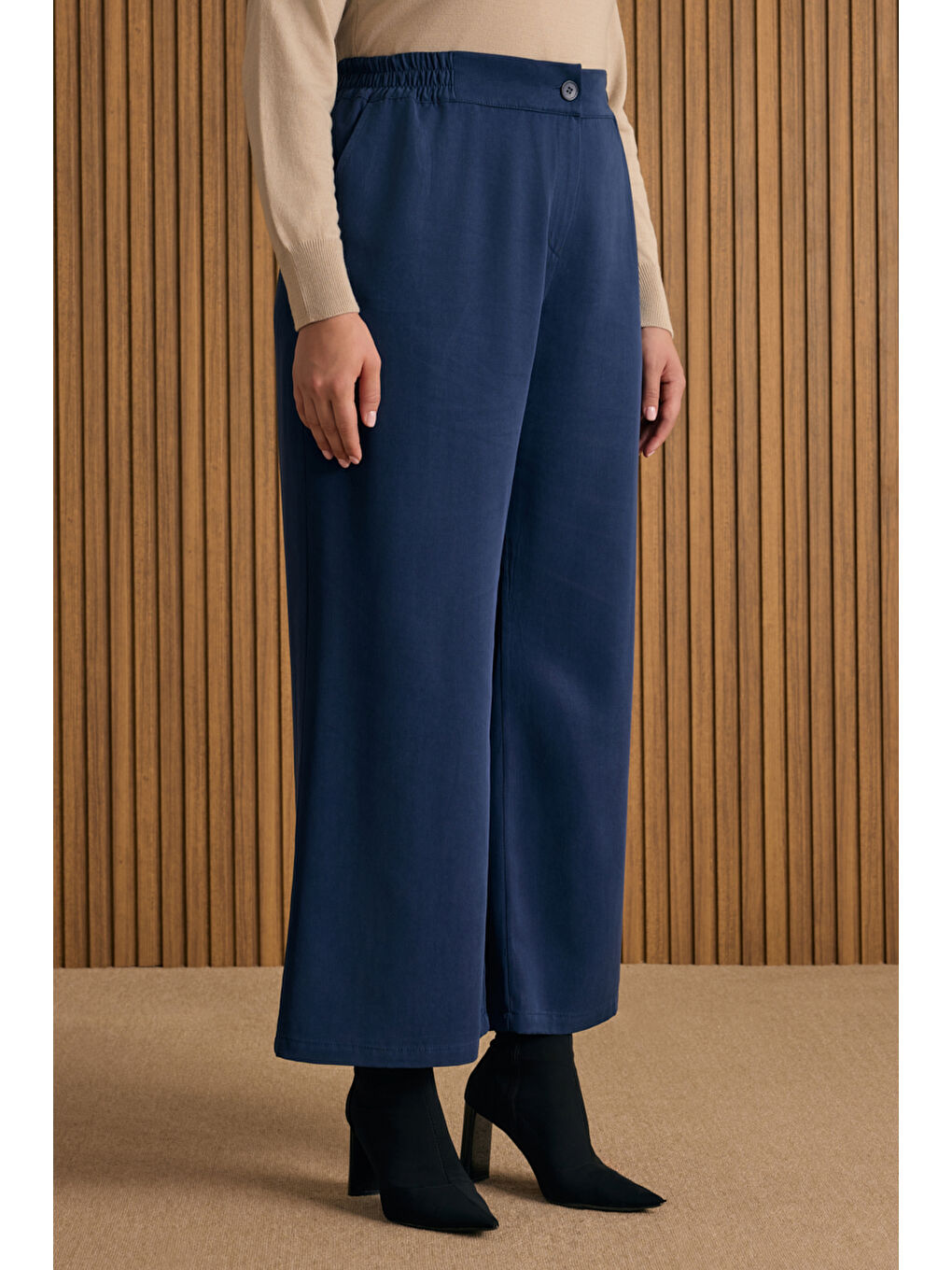 Lacivert Beli Lastik Detaylı Lyocell Pantolon Etek-2