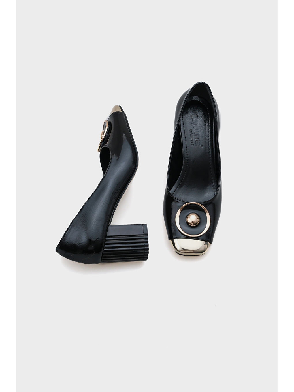 Siyah Nola Burnu Metalli Kalın Orta Topuklu Metal Aksesuarlı Ayakkabı-5