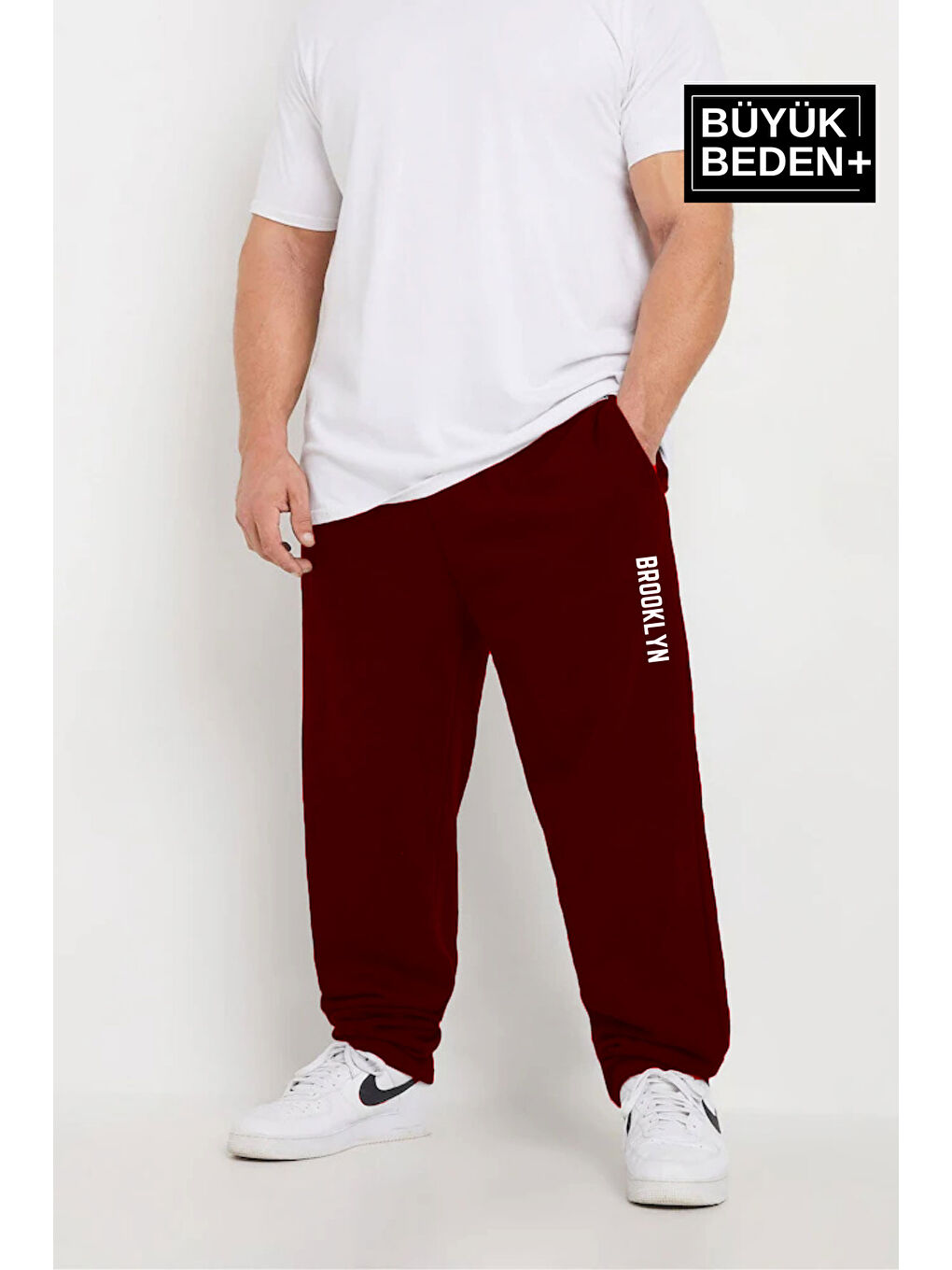 Bordo Brooklyn Baskılı İnce Erkek Büyük Beden Eşofman Altı SPR25BEA54-1
