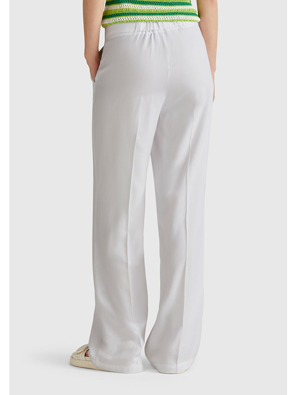 Kadın Beyaz %100 Liyosel Beli Lastikli Düz Paça Pantolon-2