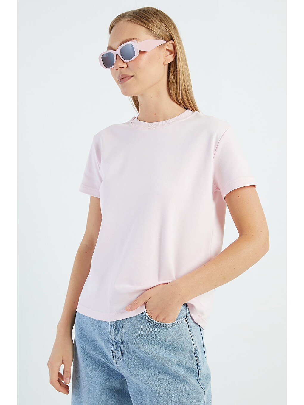 Pembe Basic Bisiklet Yaka Salaş Tişört-2
