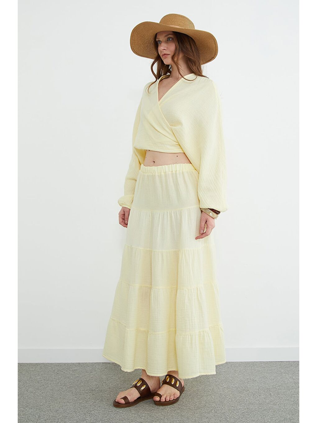 Sarı Beli Lastikli Müslin Kumaş Etek-1