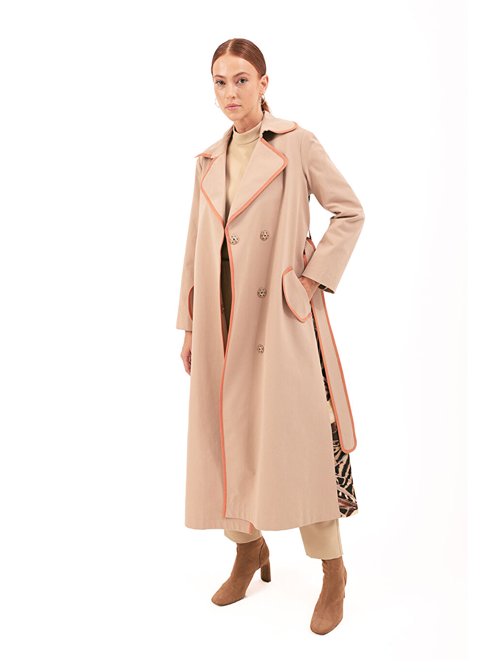 Bej Biye Detaylı Trençkot