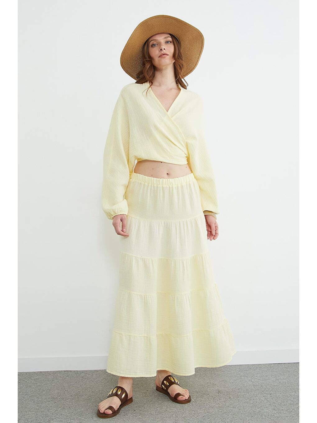 Sarı Beli Lastikli Müslin Kumaş Etek-2