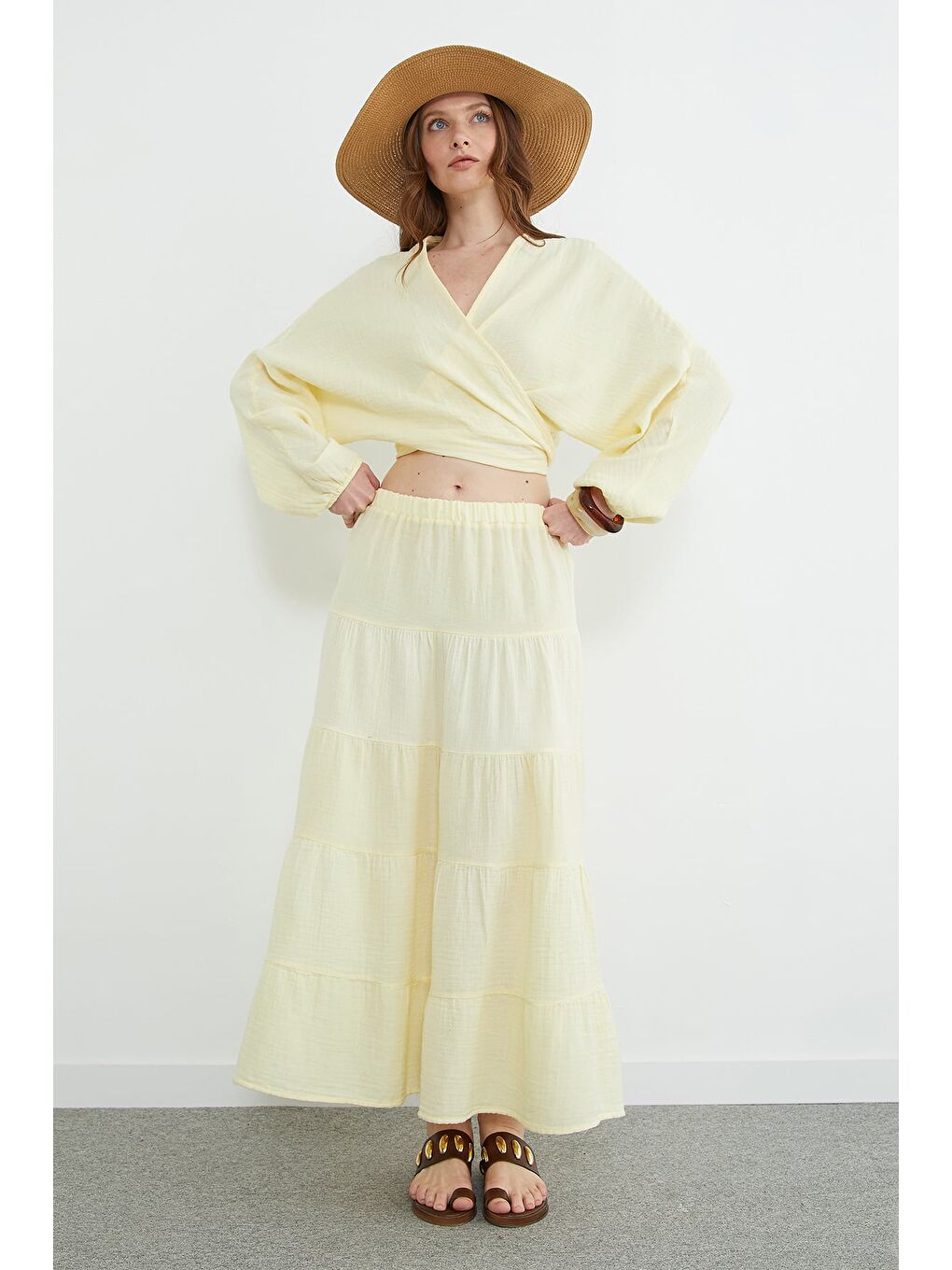 Sarı Beli Lastikli Müslin Kumaş Etek-3