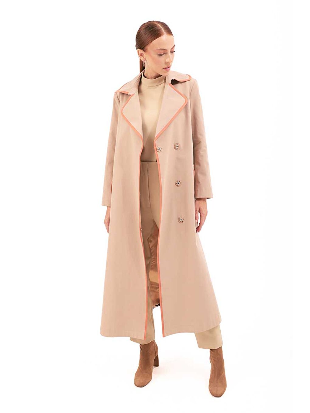Bej Biye Detaylı Trençkot-1