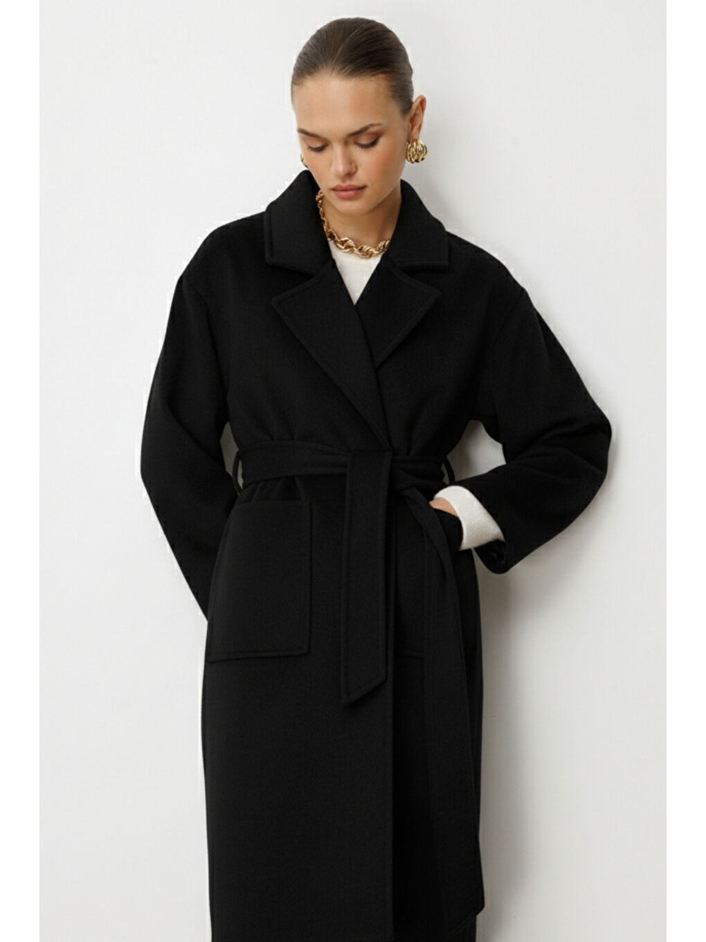 Yünlü Kaşe Doku Torba Cepli Basic Siyah Kaban-1