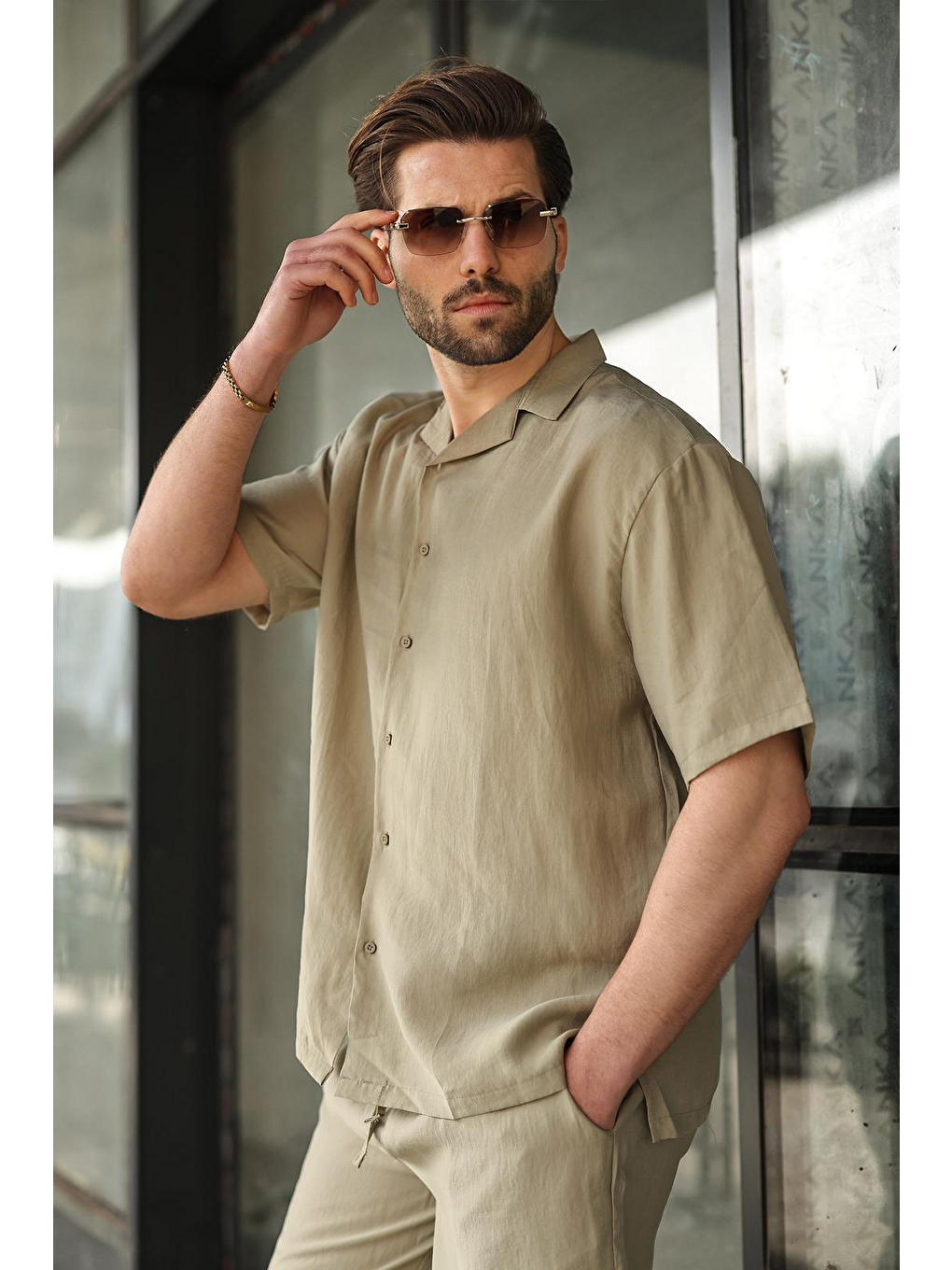 Mint Yeşili Kumaş Erkek Şort Gömlek Takım E7352-3