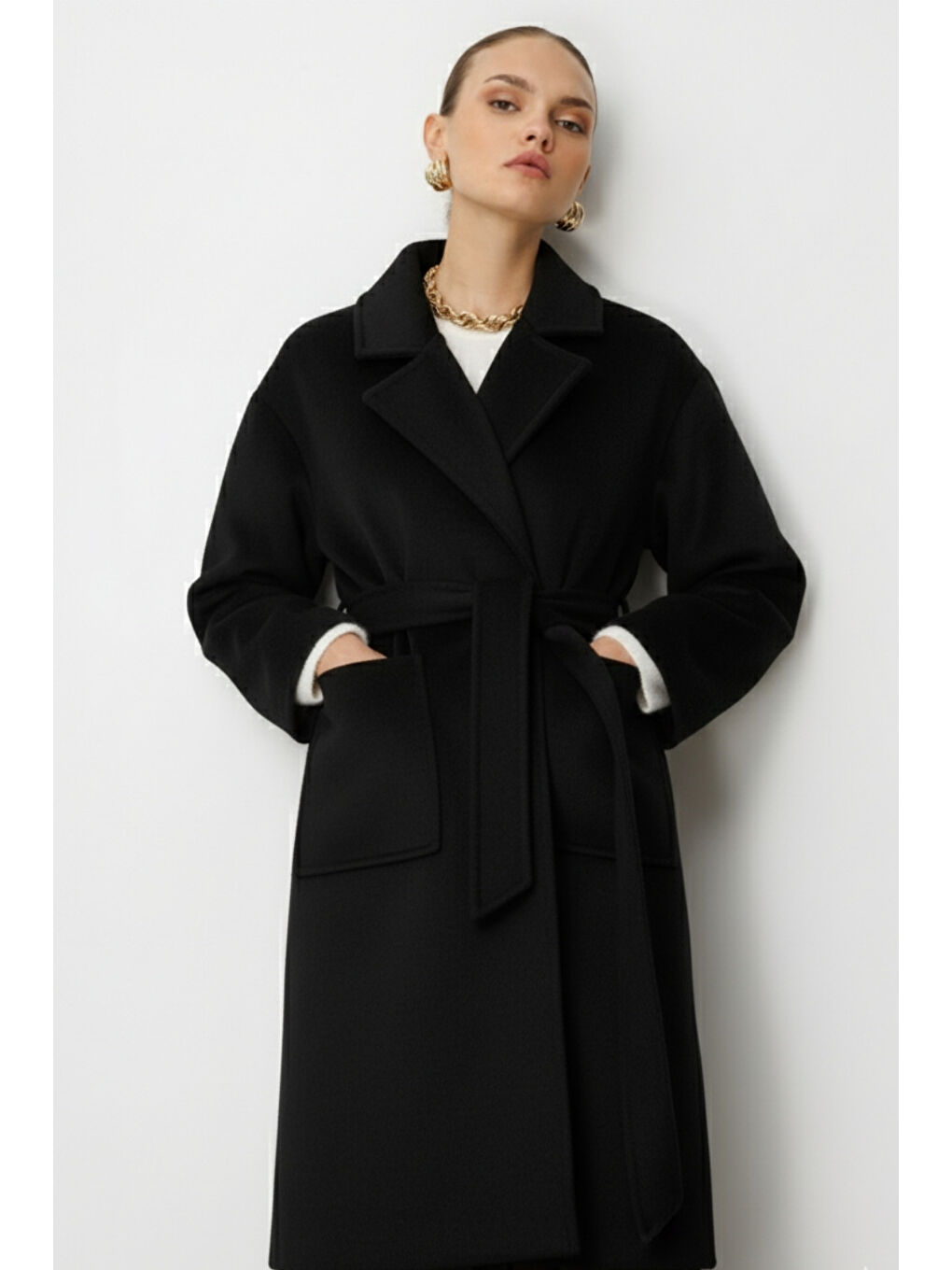 Yünlü Kaşe Doku Torba Cepli Basic Siyah Kaban-2