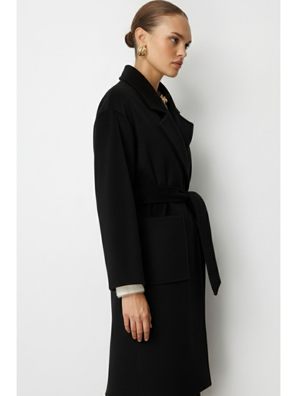 Yünlü Kaşe Doku Torba Cepli Basic Siyah Kaban-3