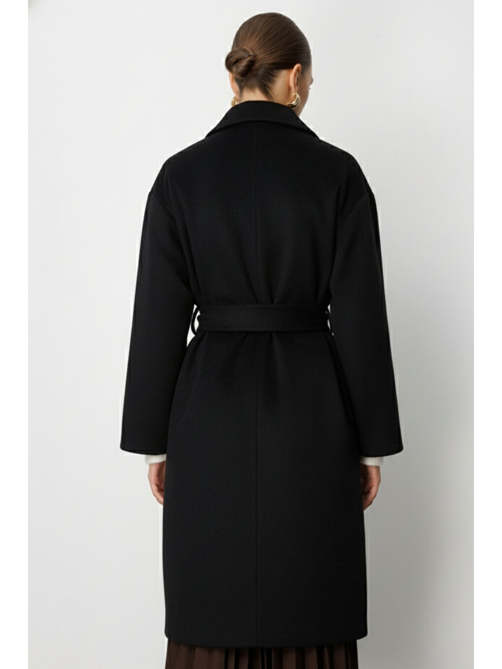 Yünlü Kaşe Doku Torba Cepli Basic Siyah Kaban-4