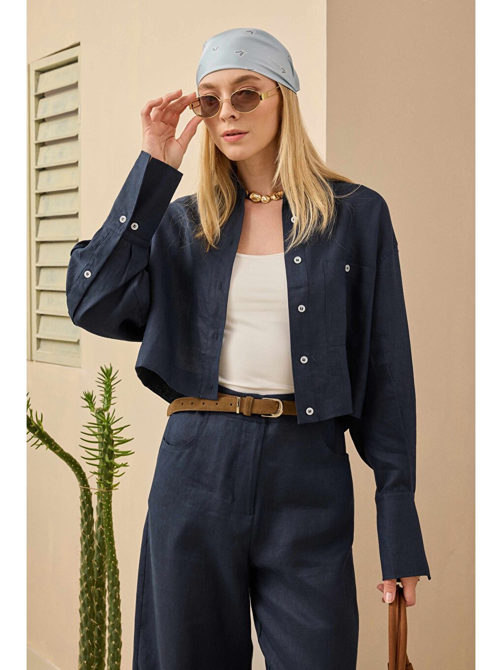 Keten Crop Gömlek Gece Mavi