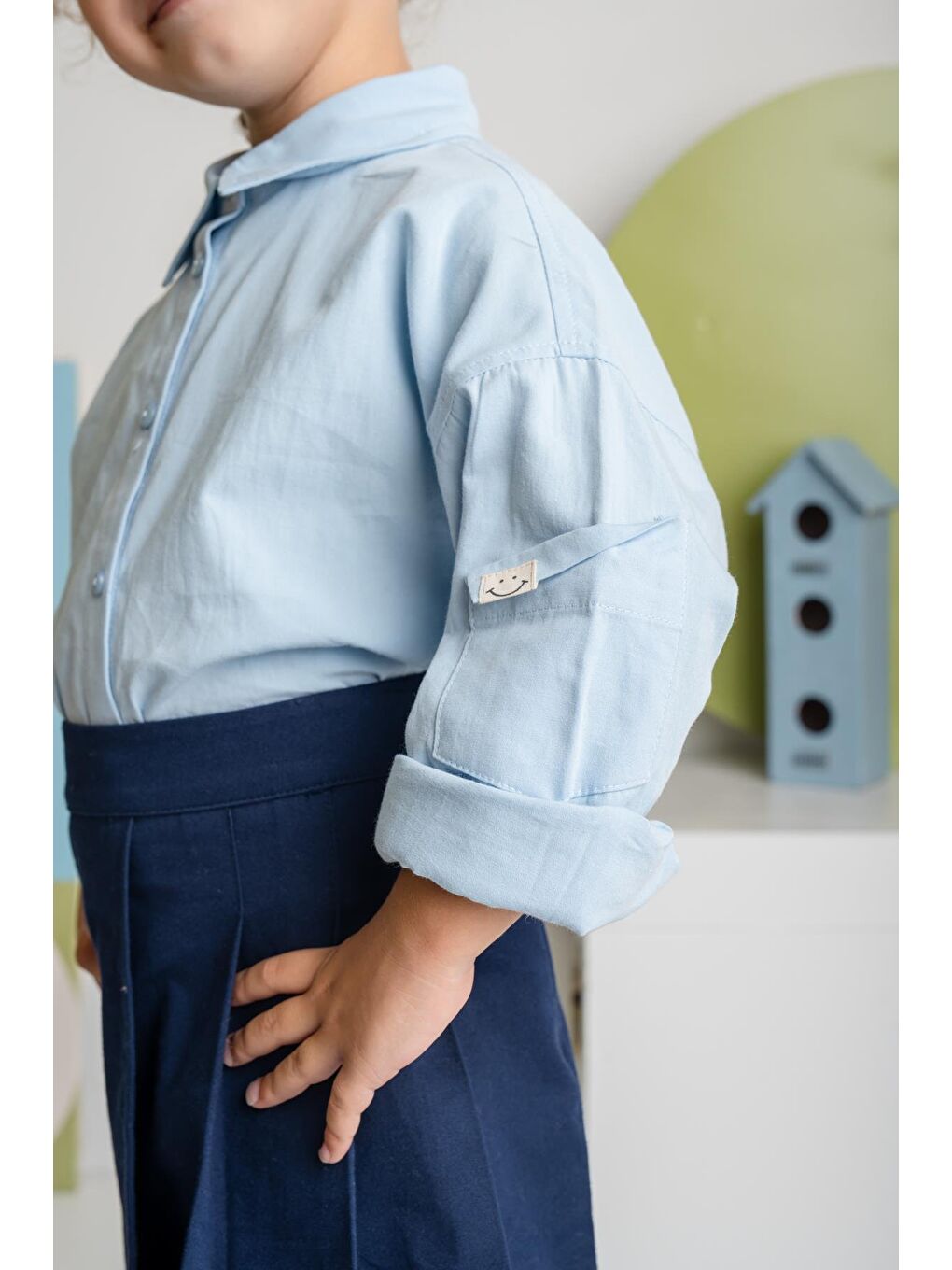 Kız Çocuk Cep Detaylı Poplin Gömlek - Mavi-1