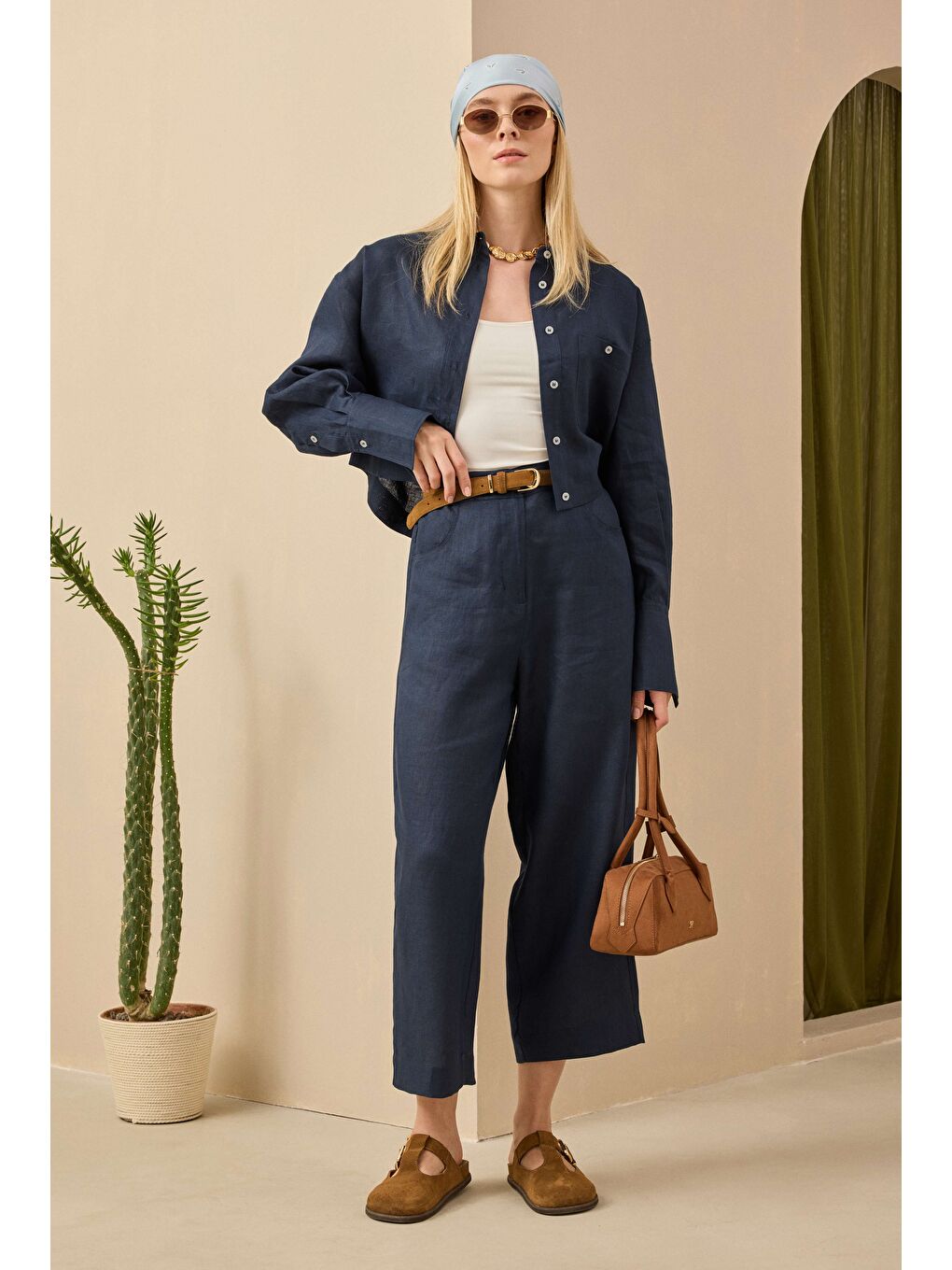 Keten Crop Gömlek Gece Mavi-1