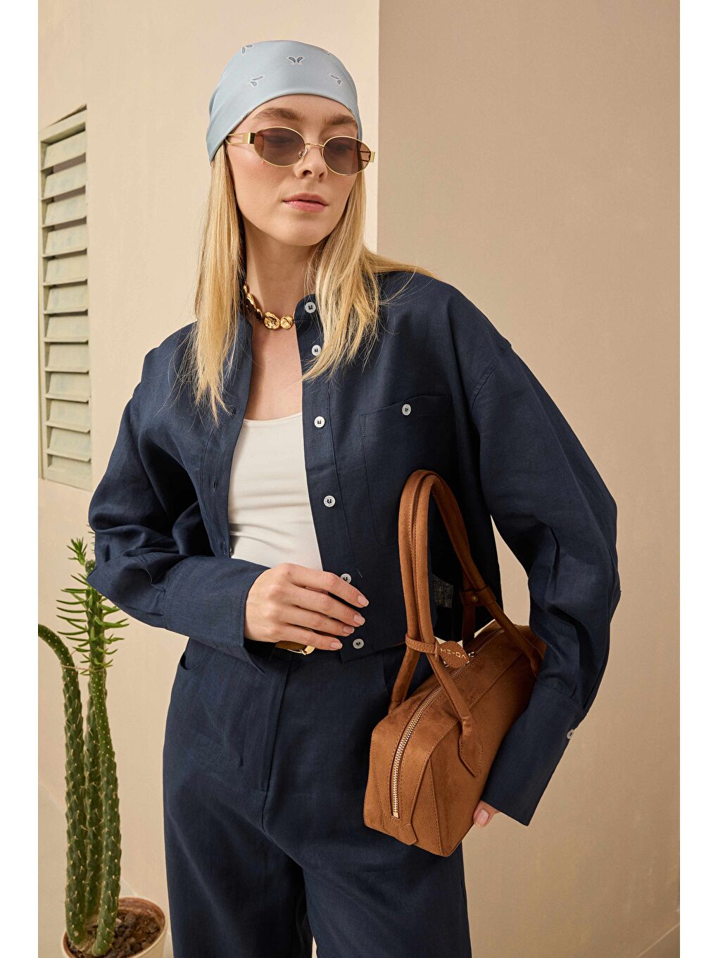 Keten Crop Gömlek Gece Mavi-2