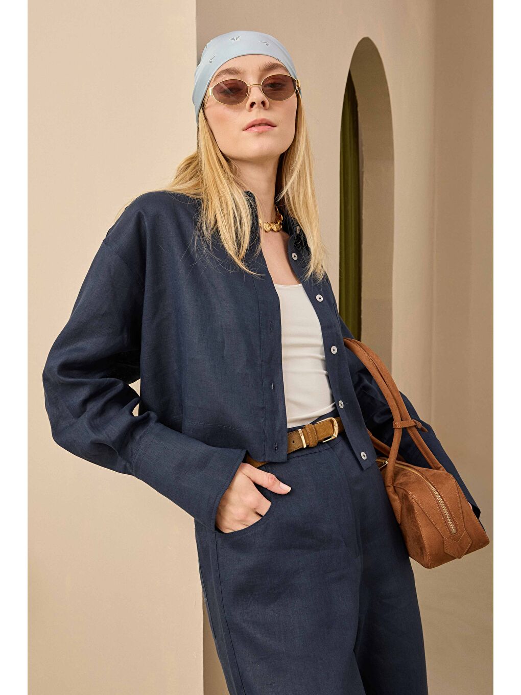 Keten Crop Gömlek Gece Mavi-3